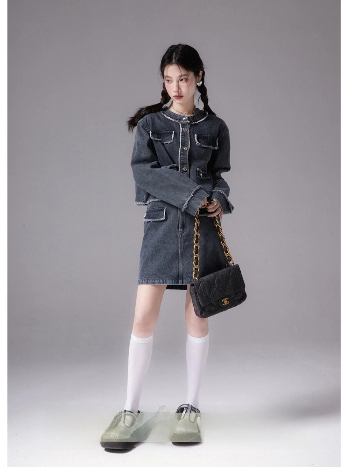 

COTRE Moonlight ey Blue Faionable Little Bla Dr Fringed Denim Two-Piece Set Jaet Casual Sle Spring Collection