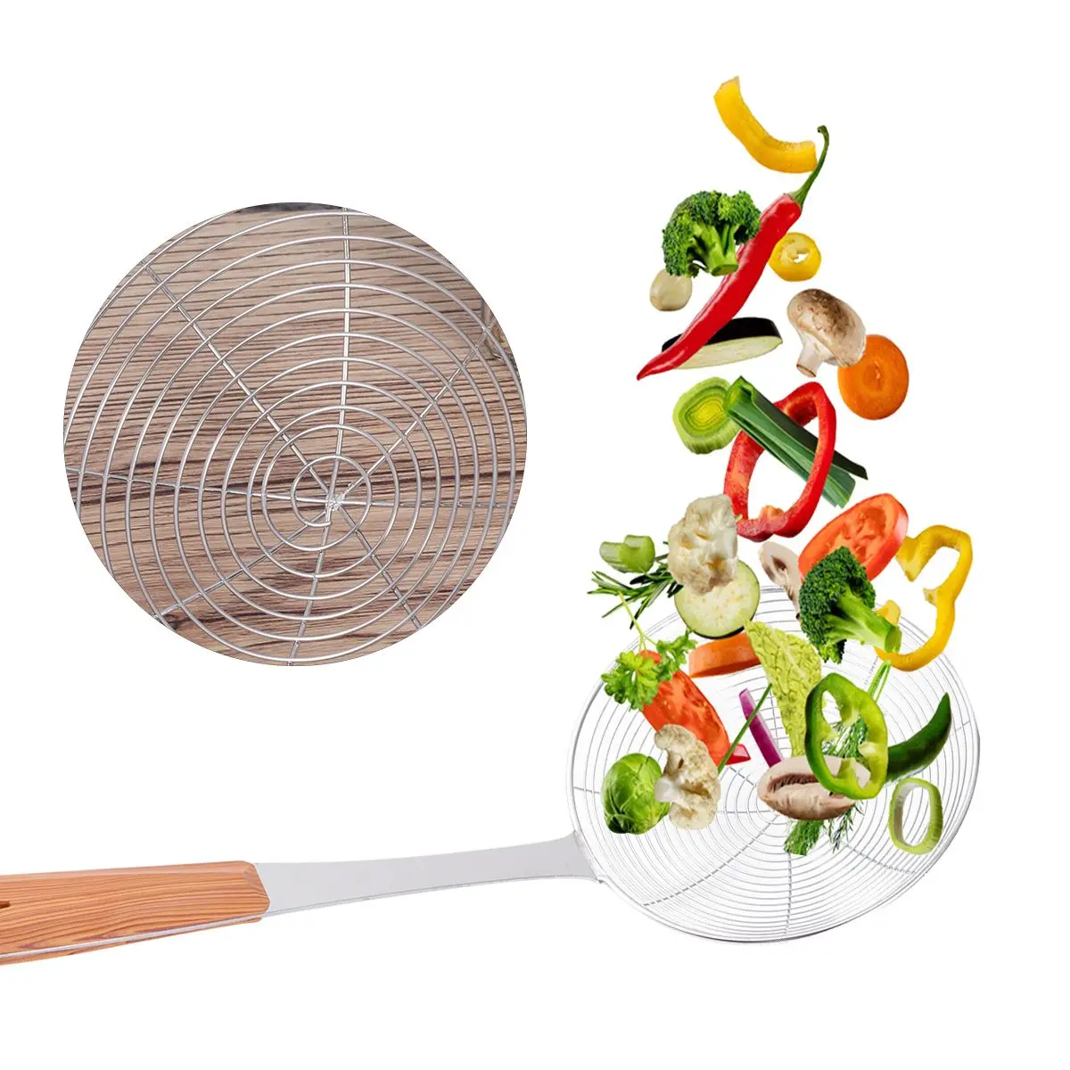 

Wood Grain Handle Oil Strainer Stainless Steel Mesh Colander Noodles Soup Filter Long Handle Easy Clean Anti Spatter Fry Tool