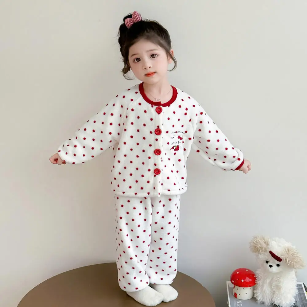 

Пижамный комплект с героями мультфильмов Sanrio Hello Kitty для девочек, теплая и милая теплая домашняя одежда в горошек на осень и зиму