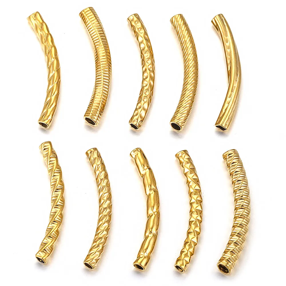 5pcs Stainless Steel Gold Plated PVD Curved Tube Beads No Fading DIY Necklaces Bracelet Woman Jewelry Making Materials Wholesale