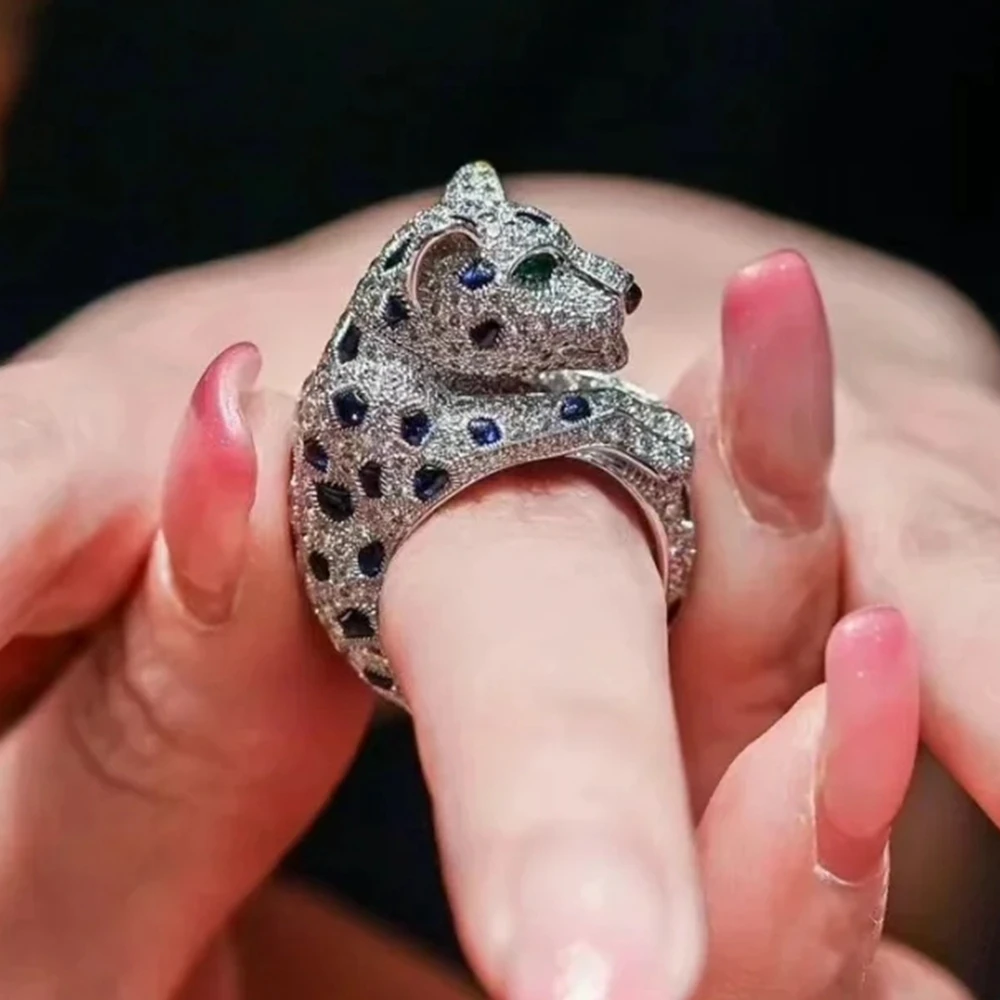 Luxury 925 Silver Rotating Head Blue Resin Emerald Green Eyes Panther Leopard Cocktail Rings Fine Jewelry For Women Anniversary