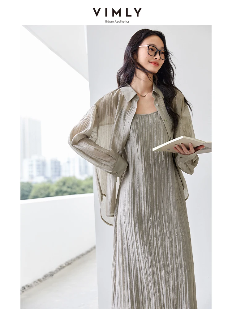 VIMLY Women\'s Office Lady Dress Sets 2026 Summer Simple Casual Chic Halter Dress+Loose Cardigan Shirt Elegant Spring Two Pieces