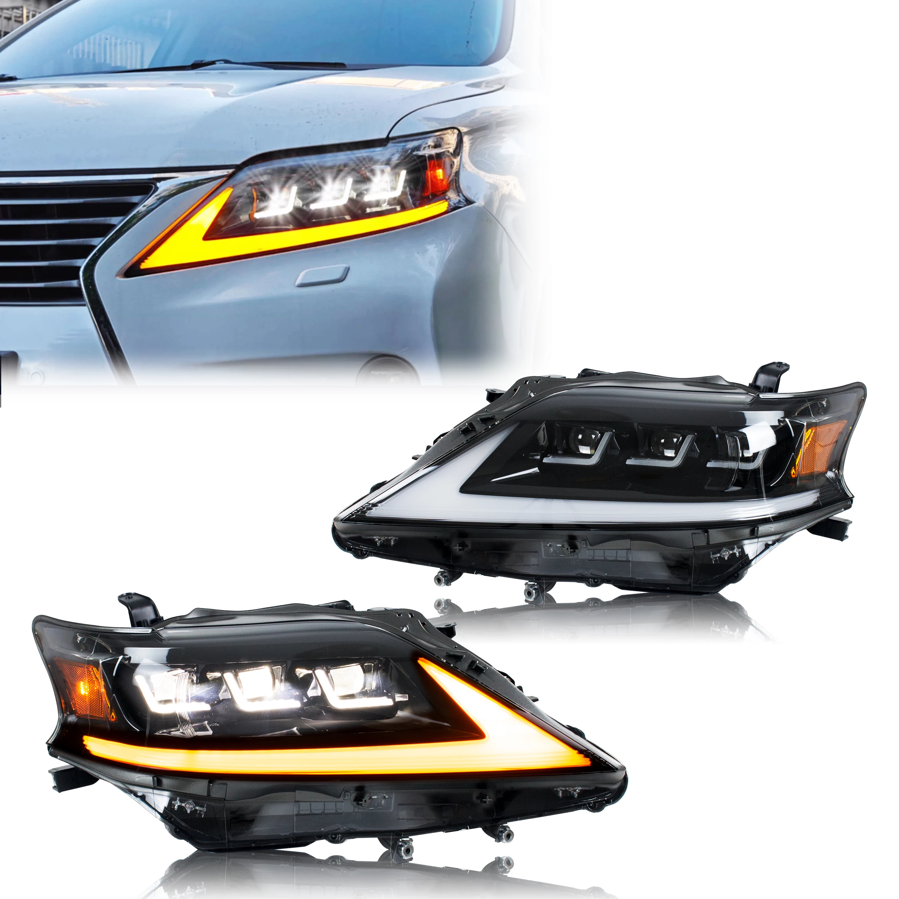 

Светодиодные фары для Lexus RX350 RX450h 2013-2015 F-Sport с ДХО, тройными проекторами и последовательными поворотниками, комплект передних фар