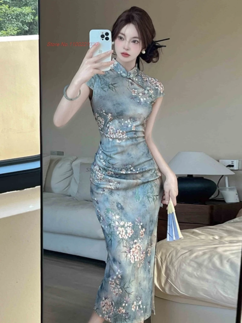 

2025 chinese sexy dress improved sleeveless cheongsam national flower print pleat‌ qipao dress banquet evening dress vestido