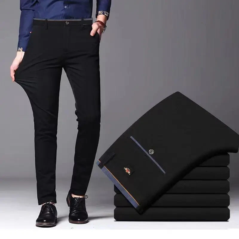 Men\'s Elastic Straight Pants Business Casual Long Suit Pants Male Formal Trousers Solid Colors Black BLue Plus Size 38 40