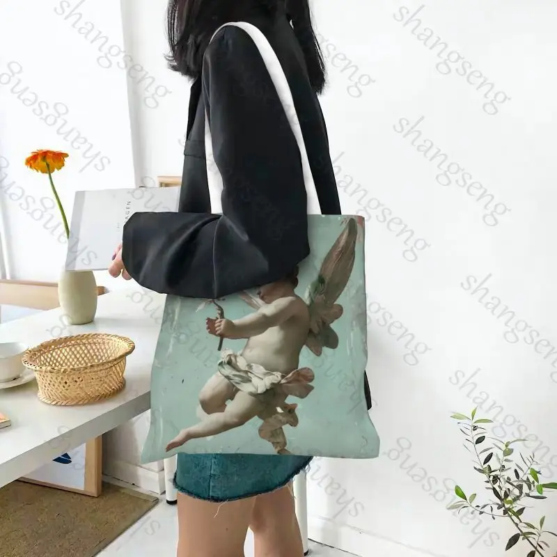 Vintage Rose Victorian Angel Tote bag fashion shoulder bag canvas handheld folding bag women casual large capacity shopping bags