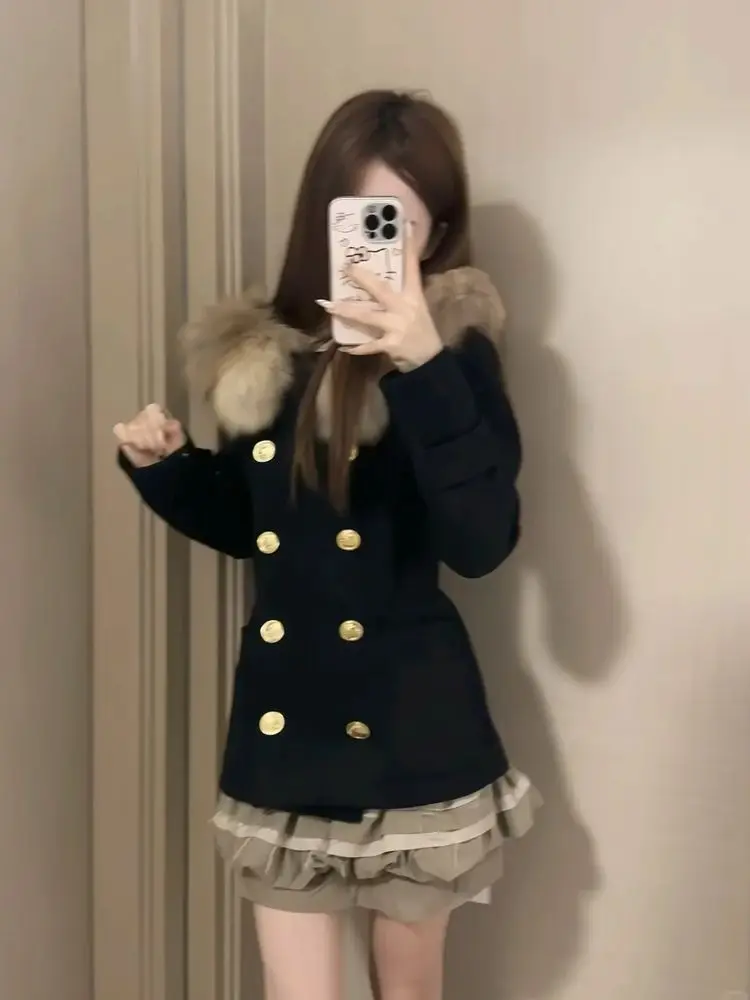Japanese Vintage Lolita Midi Dress Women Fur Collar Double Breasted Plaid Pleated High Waist Slim Fit Midi Dress Daily Outfit