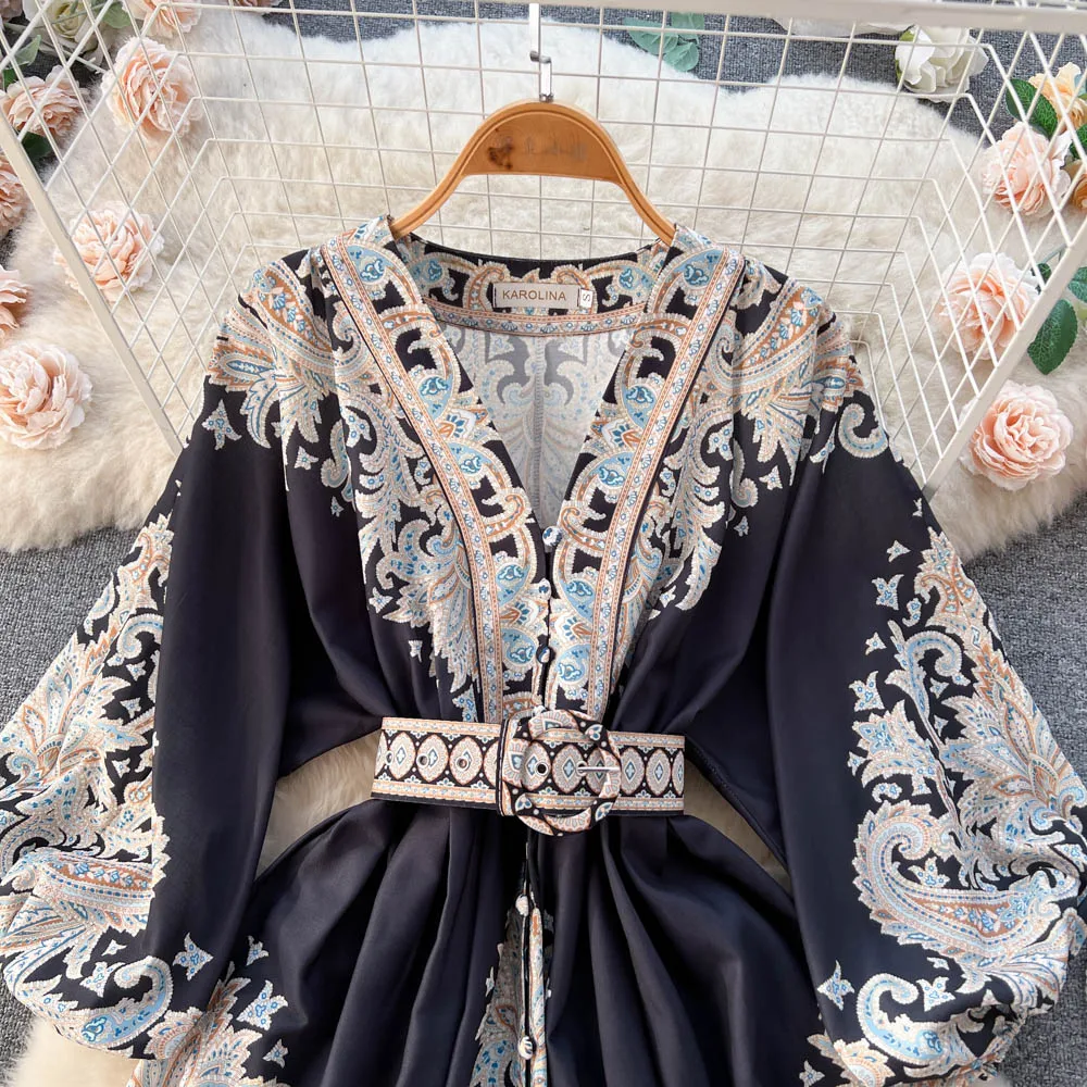 Spring French Retro Printed Dress Women Single Breast Sexy V-neck Lantern Sleeve Midi Dresses Elegant Party Dress with belt