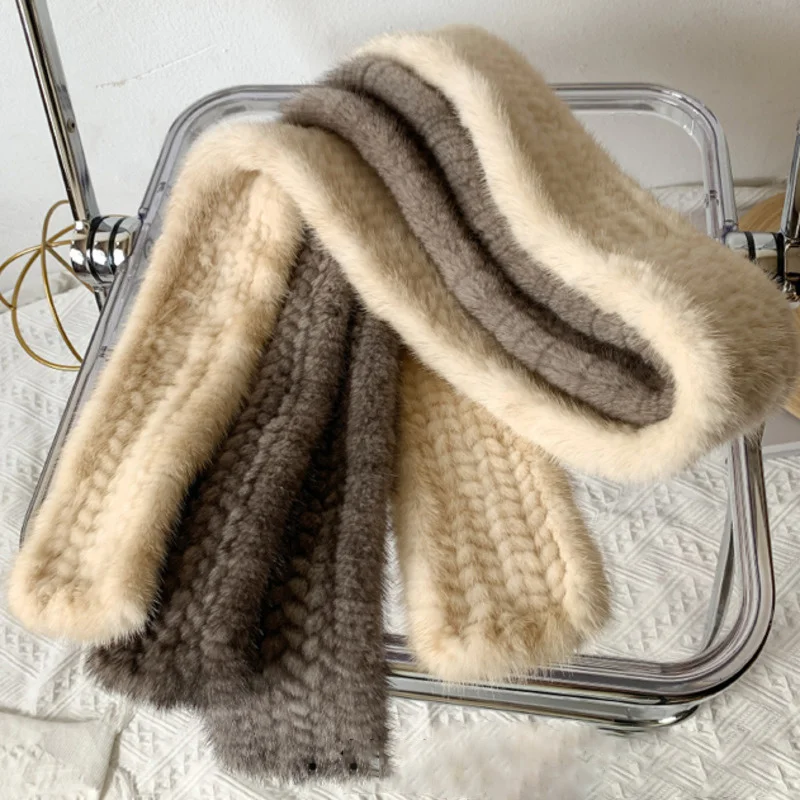 Mink Fur Scarf Women Long Style Warm Fur Neck Shawl Winter Fashion Solid Black Natural Fur Scarf Handmade Knitted Fur Shawl