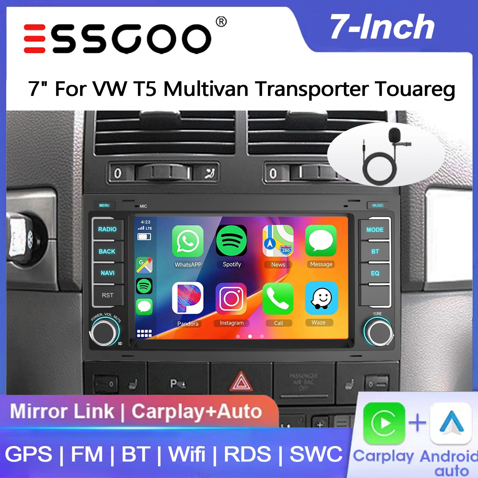 ESSGOO 7" Android 15 64G Wireless Carplay Android Auto für Volkswagen T5 Transporter Multivan 2004-2009 Touareg 2004-2011 Autoradio GPS-Navigation Radio FM BT WiFi RDS SWC Mirror Link ASP IPS