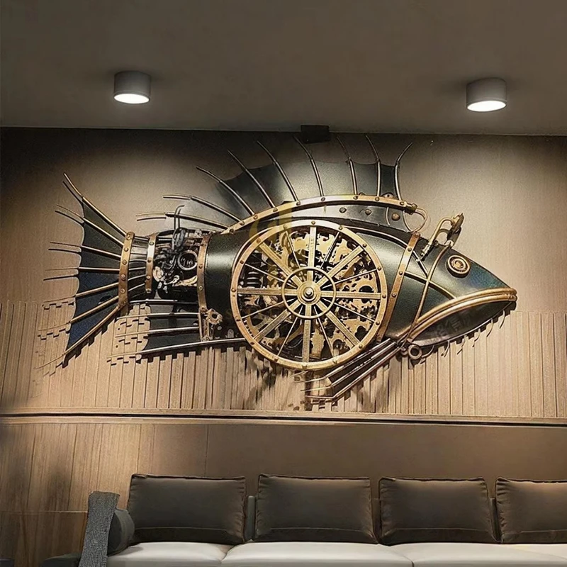 Steampunk fish wall art metal mechanical sculpture large gear clockwork fish decoration industrial style restaurant bar