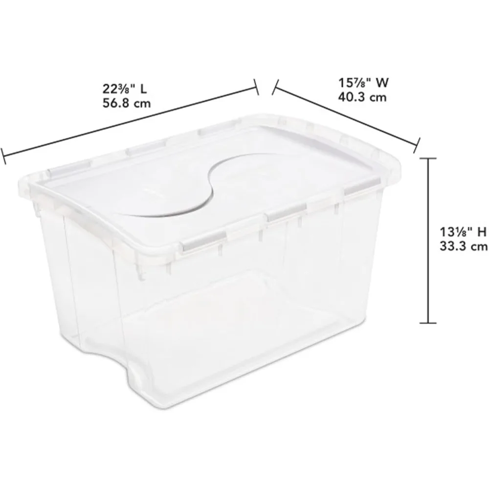 Aseptic 48 quart hinged lid storage box, stackable box with lid, used for organizing plastic containers in homes and offices