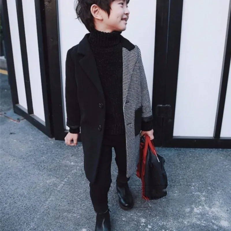 Premium New Korean Style Boys' Woolen Trench Coat Autumn Winter Mid Length Patchwork Design Thickened Windbreaker for Big Kids