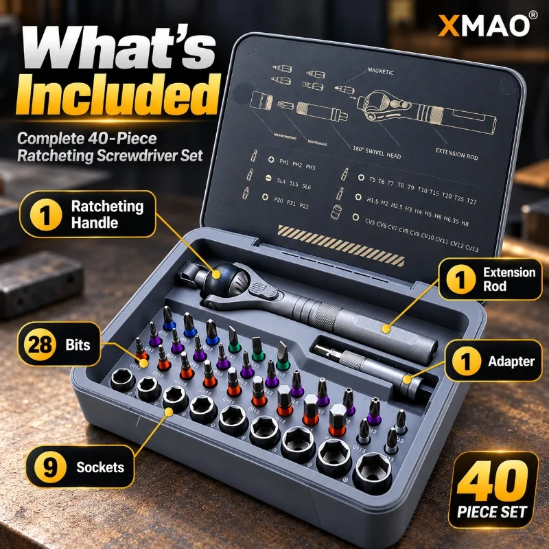 XMAO 40PCS Multifunction Ratcheting Screwdriver Kit 180° Swivel Head Magnetic S2 Bits 9 Sockets for Home Maintenance DIY