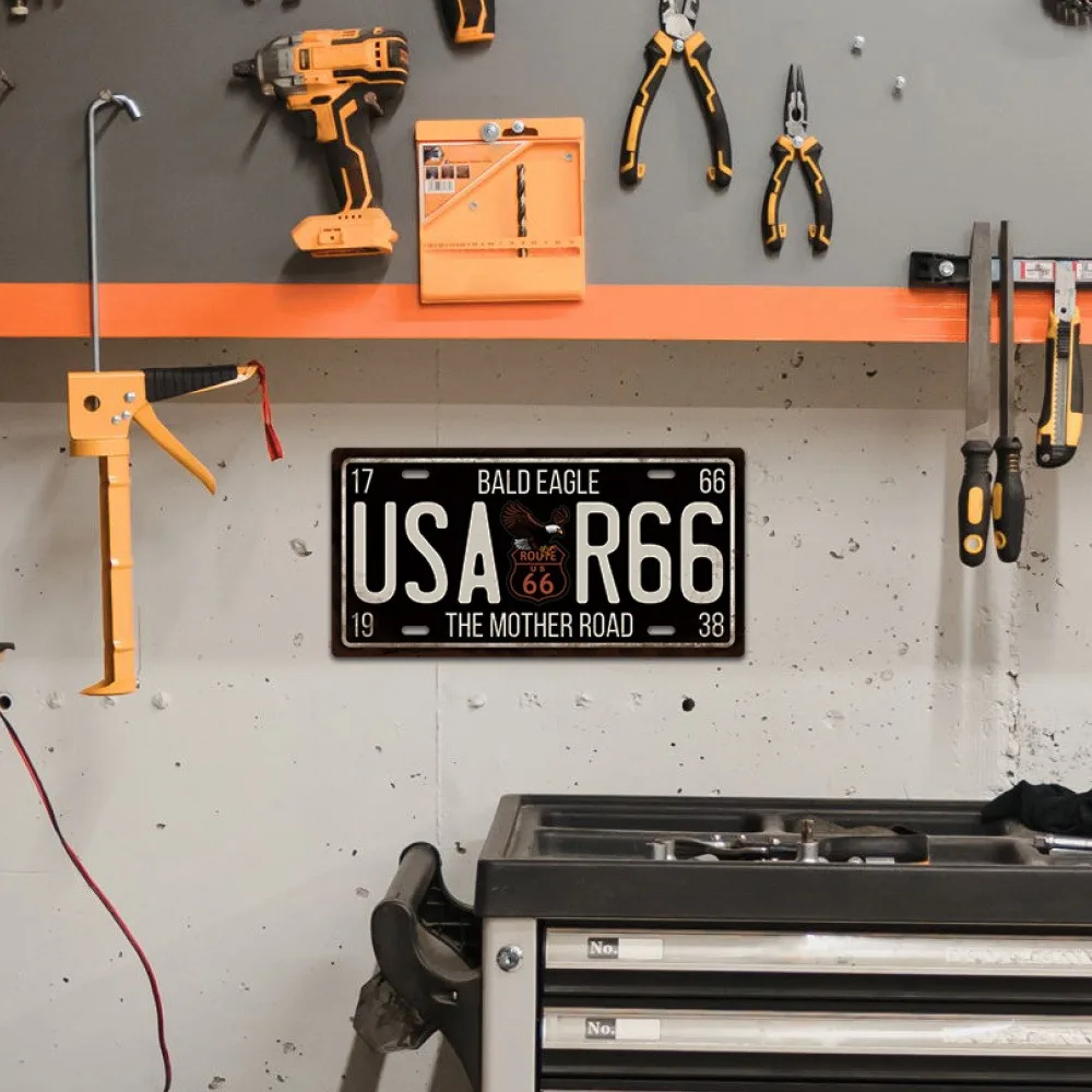 USA Route 66 The Mother Road Bald Eagle Vintage Retro American Highway Theme 2D Flat Printed License Plate Aluminum Metal Painti
