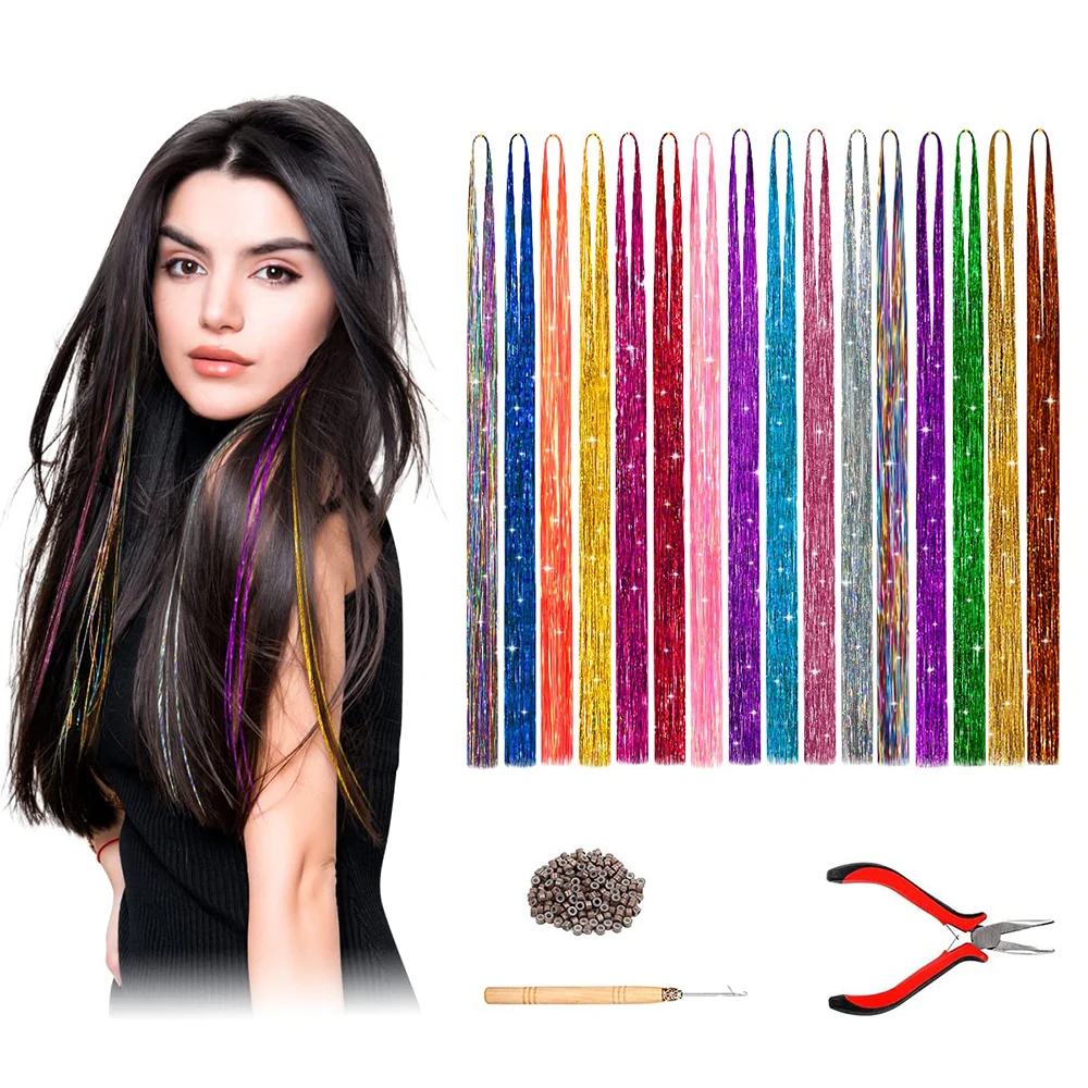 

Sparkle Shiny Hair Tinsel Rainbow Silk Hair Extensions Long Dazzles Women Hippie For Braiding Headdress 110cm 120Strands/Pack