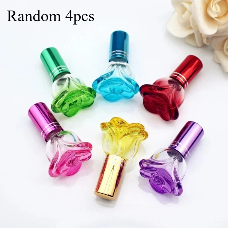 4pcs 6ml Colorful Rose Shaped Empty Glass Perfume Bottle Small Sample Portable Parfume Refillable Scent Sprayer
