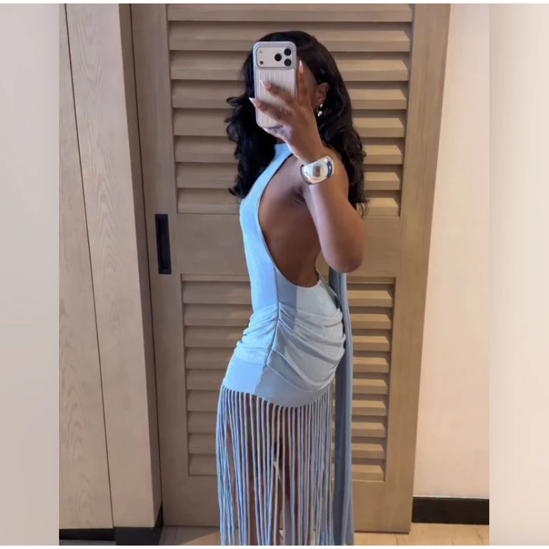 Women Sexy Tassel Patchwork Maxi Dress Elegant V-neck Wide Strap Sleeveless Waist-cinching Slim Fit Dresses Chic New Party Gowns