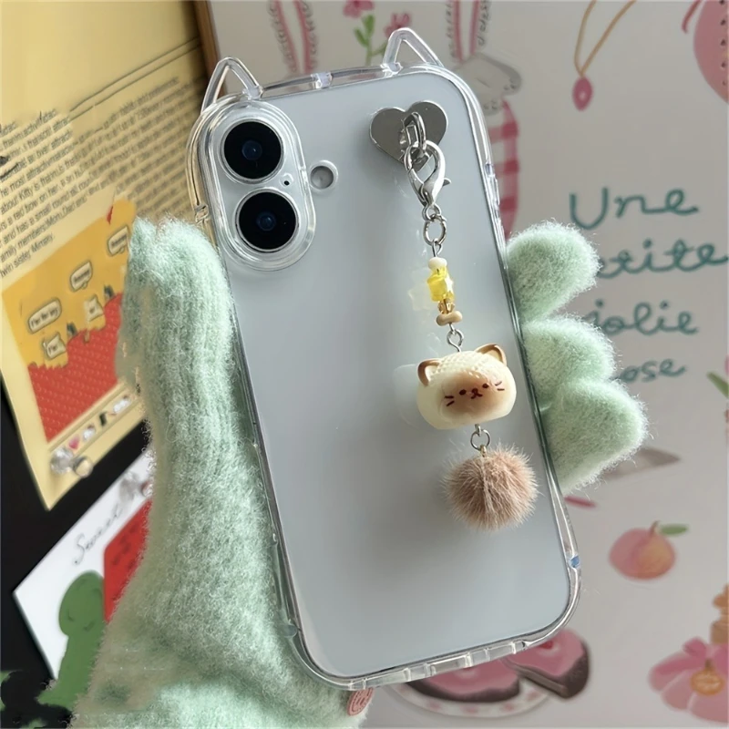 3D Kitten Phone Chain Resin Cat Keychain Student Cute Bag Pendant Anti Lost Phone Lanyard Strap with Heart Hook Women Girls Gift