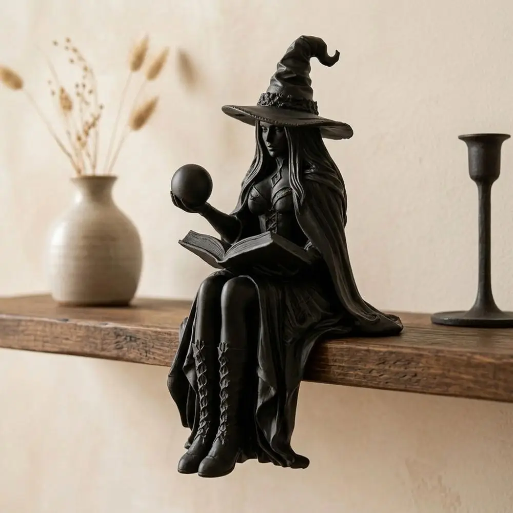 3D Printed Sitting Witch Figurine with Book Ball Vintage Gothic Halloween Witch Shelf Sitter Female Spooky