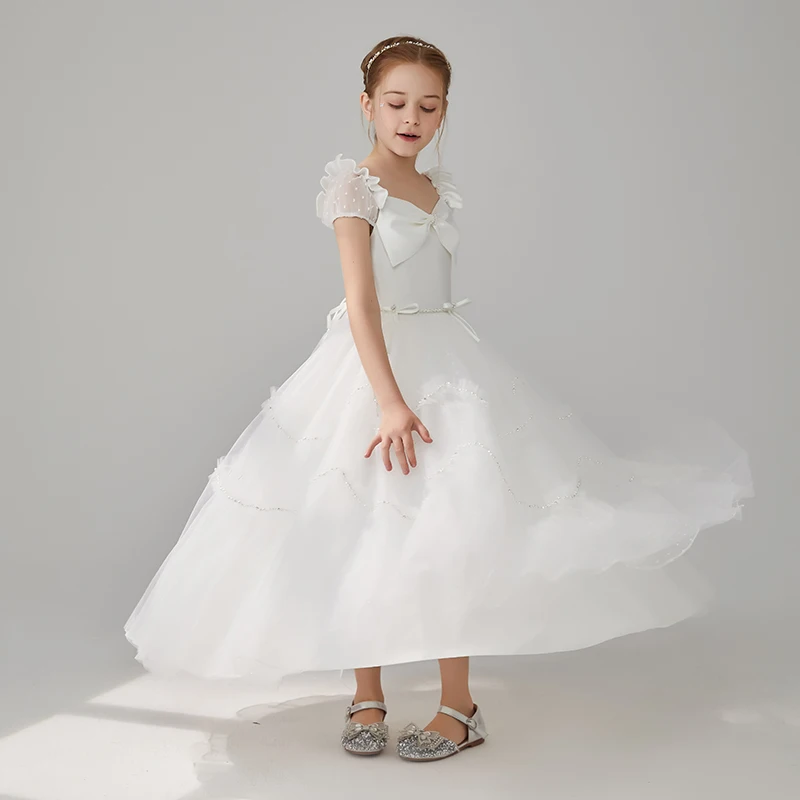 

Girls mesh bow V-neck lace sleeves children's elegant dress junior bridesmaid dress birthday princess dress/can be customized
