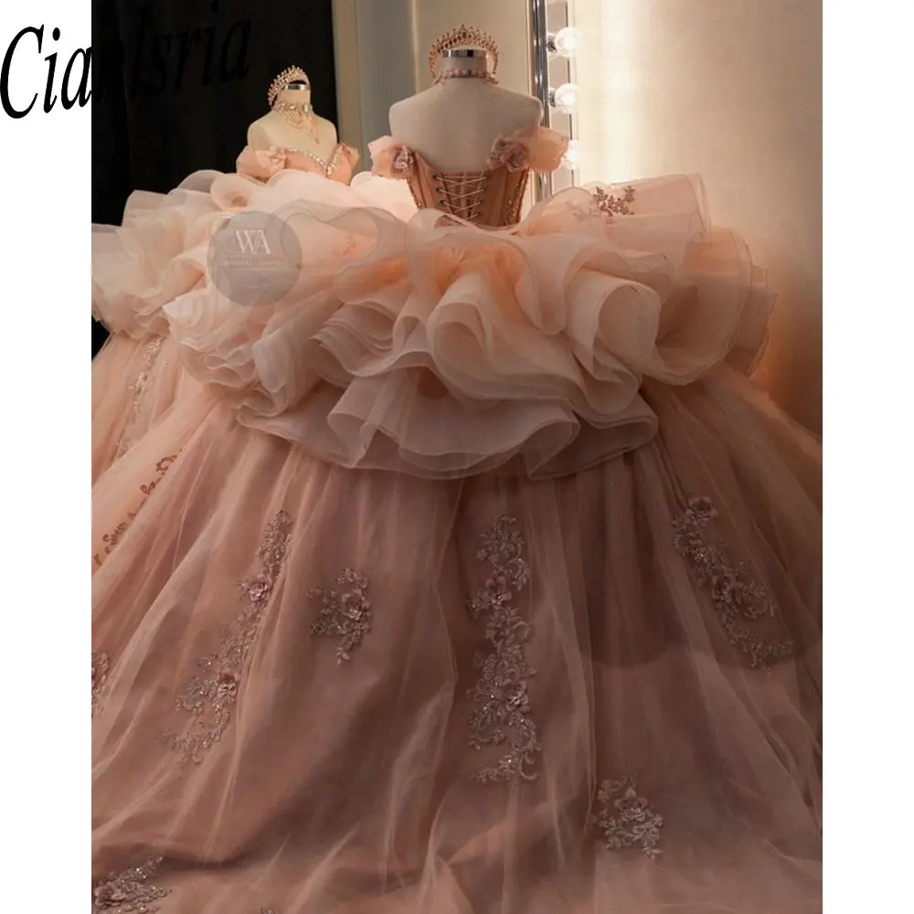 Blush Pink Ruffles Detachable Skirt Quinceanera Dresses Off The Shoulder Appliques Lace Beading Corset Ball Gown Sweet 15 Robe