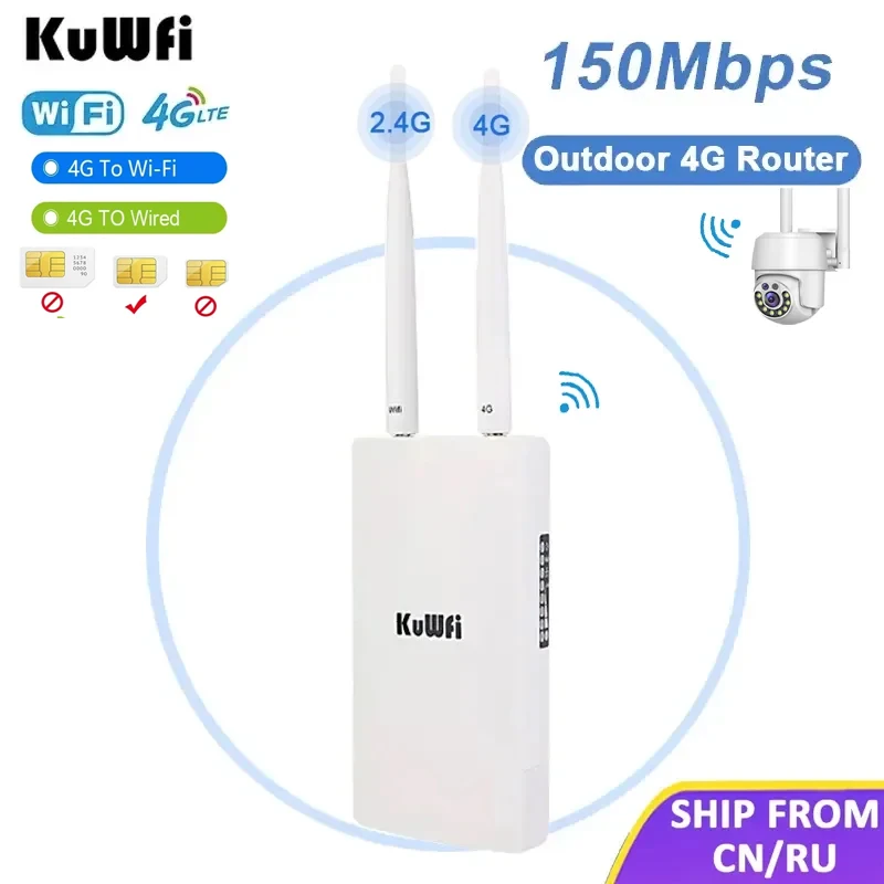 KuWFi-enrutador inalámbrico 4G LTE para exteriores, enrutador WiFi de 150Mbps, enrutador de tarjeta SIM 4G, antena externa desmontable de alta