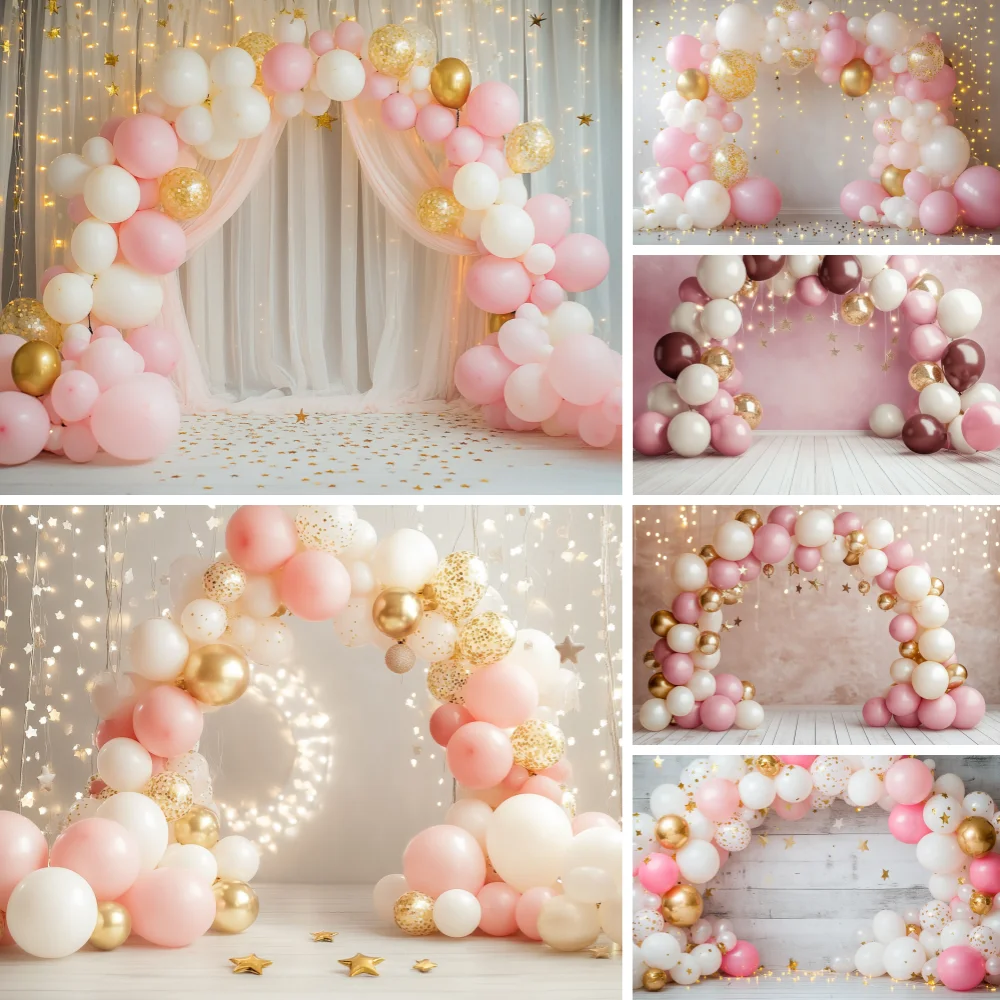 

Pink Golden Balloon Girl 1st Birthday Party Backdrop Decoration Baby Shower Newborn Golden Shiny Photography Background Banner