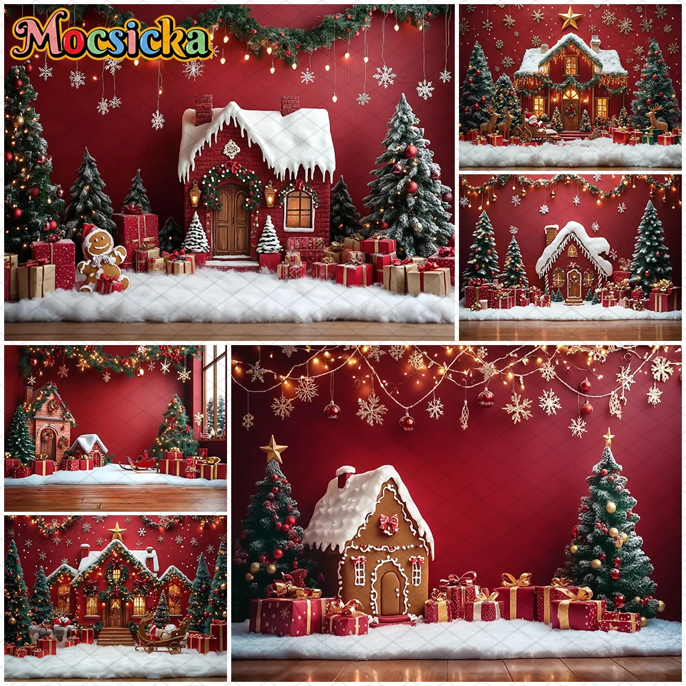 

Mocsicka Christmas Background Photography Winter Snow Tree Red Wall House Decorations New Year Party Child Photo Backdrop Banner