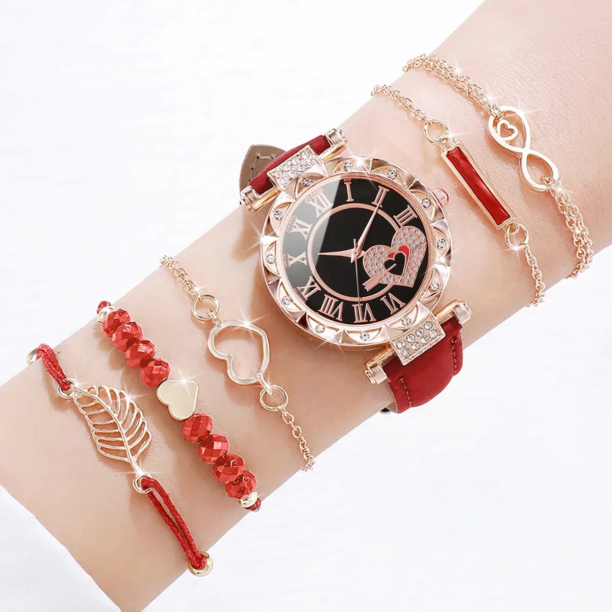 6PCS/Set Women\'s Watch Fashion Roma Heart Dial Leather Band Quartz Watches Leaf Bracelets Set(Without Box)