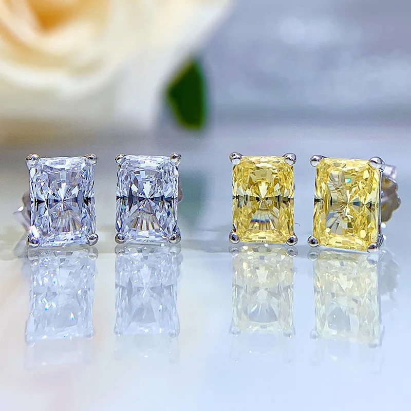 New S925 Tremella Stud Earrings Pink Diamonds White Diamonds 1 Carat Rectangle Diamond Earrings 5A Zircon