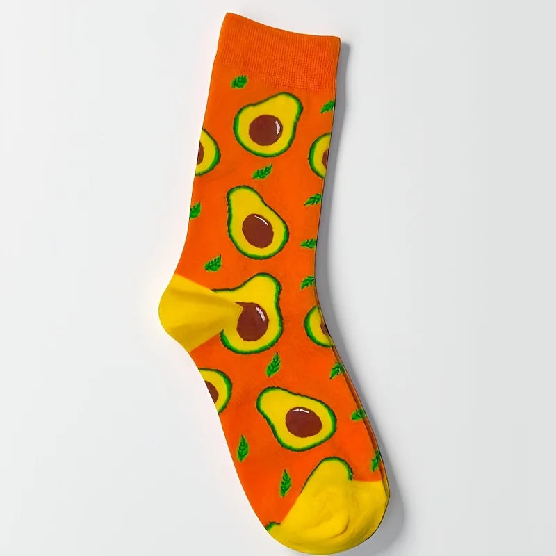 1 pair of autumn and winter orange avocado print women's mid-calf socks, eye-catching and stylish, suitable for travel and sports