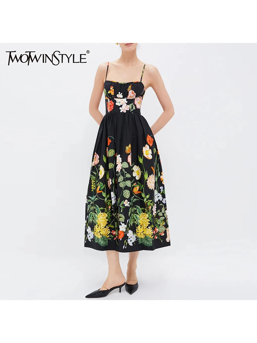 

TWOTWINSTYLE Solid Printing Long Dresses For Women Square Neck Sleeveless High Waist Patchwork Folds Elegant Dress Female New