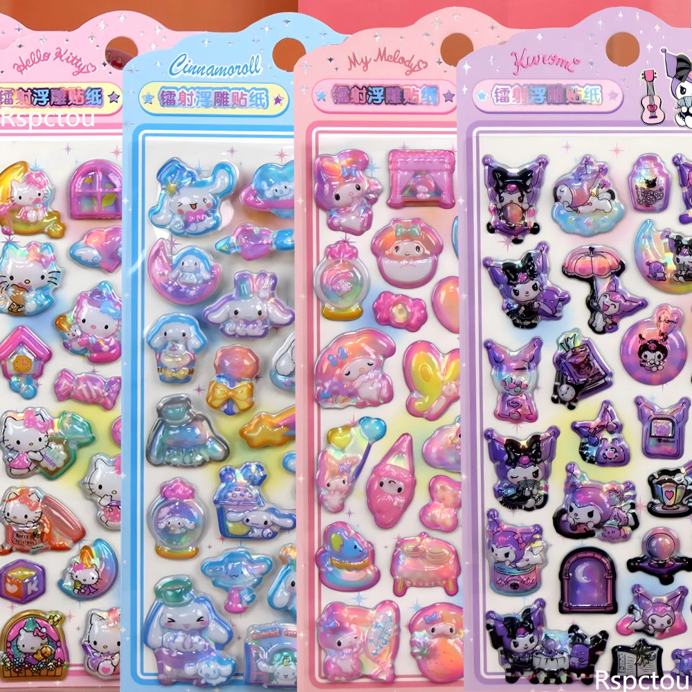 

Милые 3D-наклейки в лазерном стиле Sanrio с мультяшными персонажами: Кавайные Куроми, Мелоди, Синаморолл, объемные стикеры для декора дневников и поделок своими руками