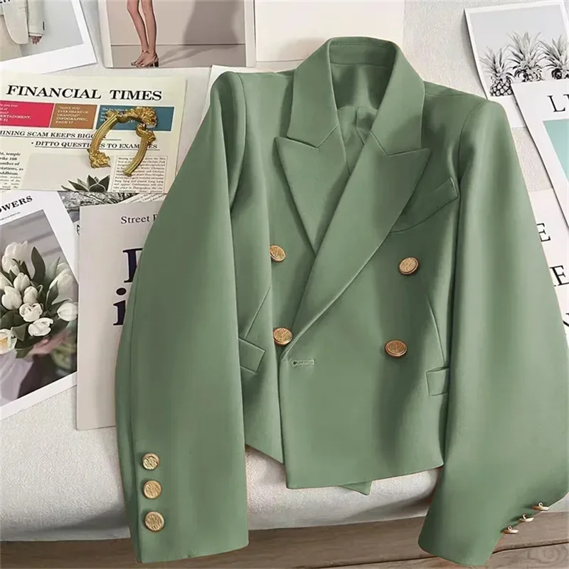 Women\'s Fashions Double Breasted Crop Blazer Korean Solid Long Sleeve Suit Coat Office Ladies Elegant Short Jacket Female Coat