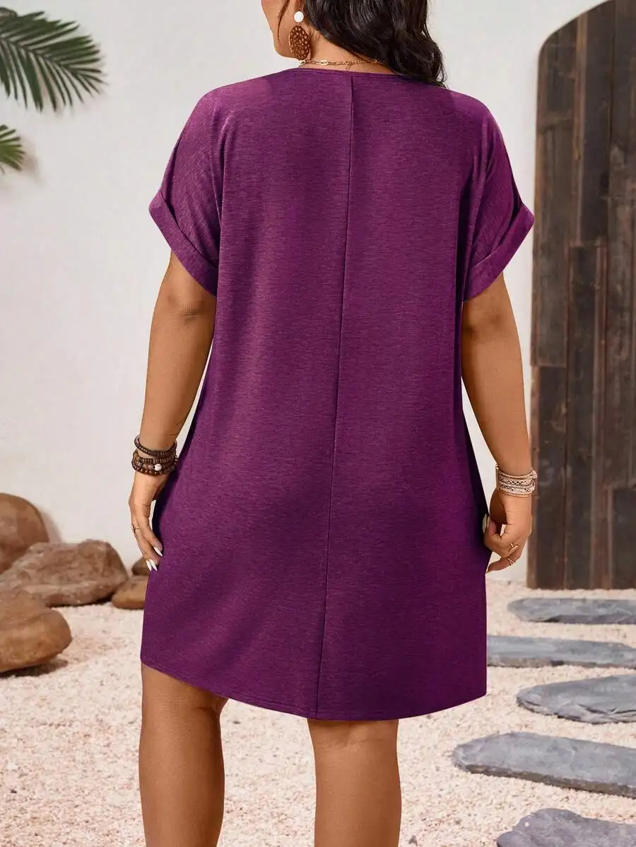 

Plus Size Solid Color V-Neck Roll Up Sleeve Midi Casual Spring Dress
