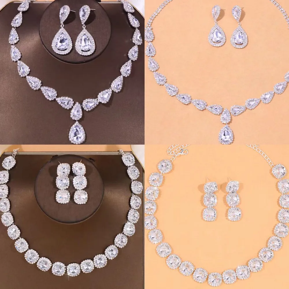 Gargantilla de piedras preciosas redondas de cristal real de lujo para mujer, pendientes, conjuntos de boda para mujer, collar nupcial de gota de agua de diamantes de imitación brillantes