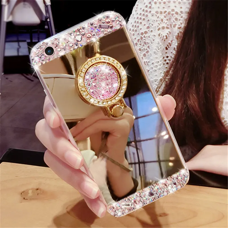 Fancy Diamond Bear Crystal Stone Finger Ring Stand Mirror Phone Case For iphone 15 Por 13 14 12 11 Pro Max X XS Max XR 7 8 Plus
