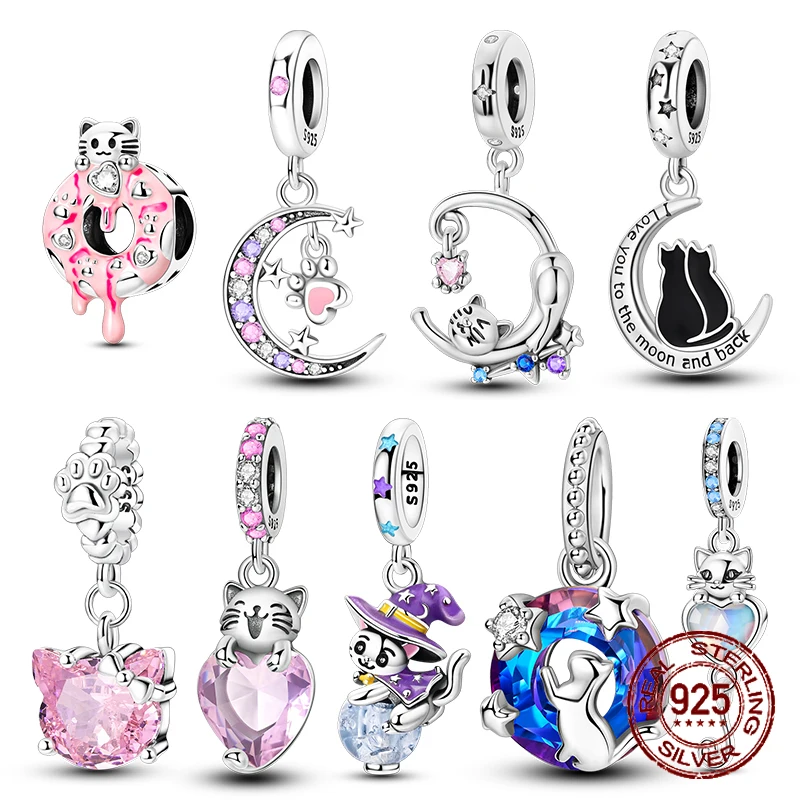 

925 Sterling Silver Charms Cute Black Cat Shiny Star Moon Beads Pendants for Original Bracelet Fine Jewelry for Women Gifts Diy