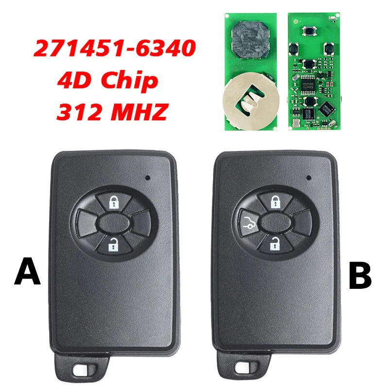 CN007311 Aftermarket Chiave intelligente a 3 pulsanti 271451-6340 Keyless Go 4D Chip 312MHZ FSK P1 98 Per Toyota Axio Premio
