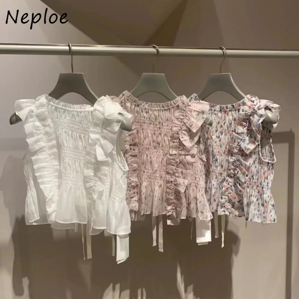 Neploe Sweet O Neck Sleeveless All-match Print Shirt Fungus A-line Pullover Bow Casual Blouses Japan New Fashion Mesh Blusas