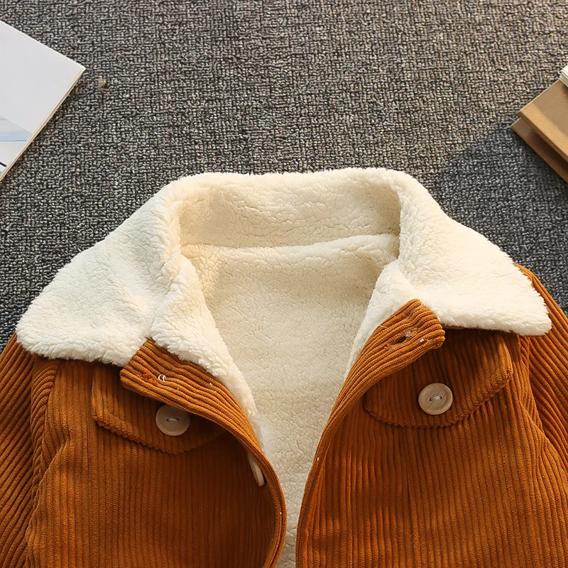 Unisex Winter-Wärmemantel für Kleinkinder Retro Cordstoff Flauschig Sherpa-Gefüttert Fleecekragen Knopfverschluss Vorne Kinderjacke – Detail 12