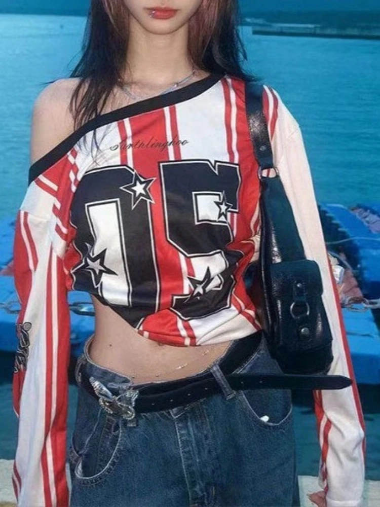 

Y2k Aesthetics Stripes Letter Printing T-shirt Women Harajuku Slash Neck Patchwork Tops Streetwear Casual Grunge Tees E-girls