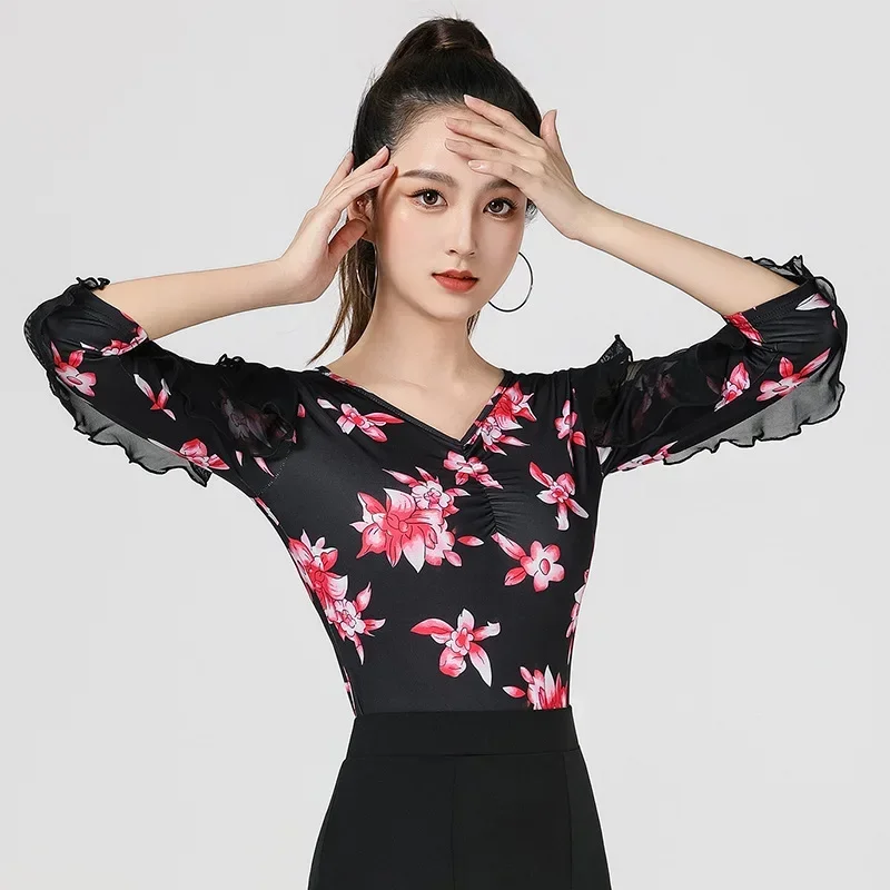 ملابس الرقص اللاتينية النسائية ذات الخط العلوي، فساتين الحفلات، ملابس التدريب في قاعة الرقص، قميص مطبوع، ملابس الرقص السامبا الحديثة #2