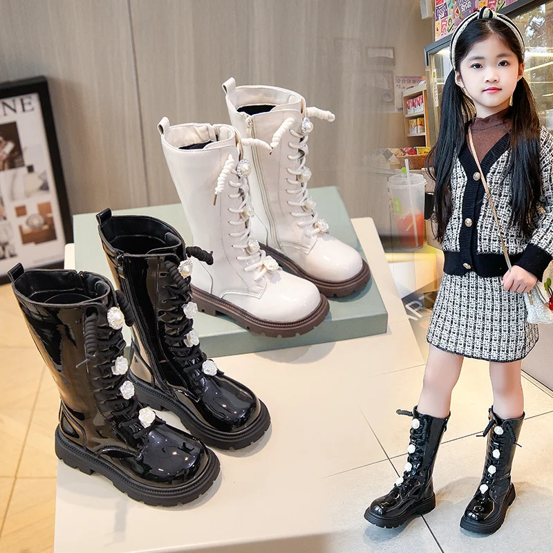 Fashion Children Long Boots for Girls Patent Leather Princess Knight Boots Autumn Winter Flower Versatile Girls Shoes