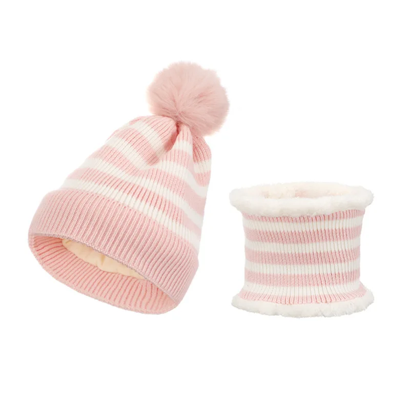 Topi Anak Perempuan Bayi Musim Dingin Tebal Set Syal Topi Pompom Anak-anak Bergaris Hangat Syal Topi Musim Dingin Grosir Katun Rajut untuk Anak-anak