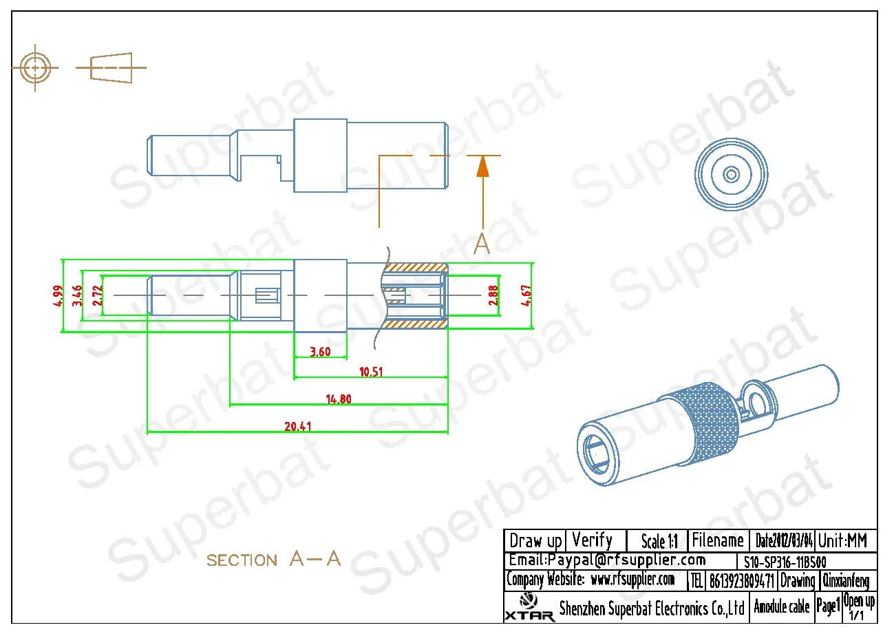 Superbat Ssmb ขั้วต่อสายโคแอกเซียลแบบย้ำสำหรับชาย RG174 RG188A LMR100 RG316