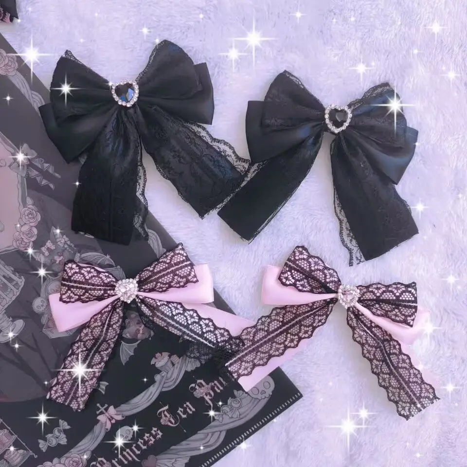 Gothic loilta hair clip black pink bow lace lace rhinestone sweet cool hair accessories Lolita anime accessories