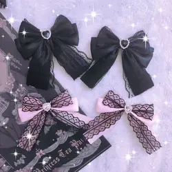 Lolita Gothic Lolita Hair Clip, Preto, Rosa Bow, Lace, Strass, Sweet Cool Acessórios