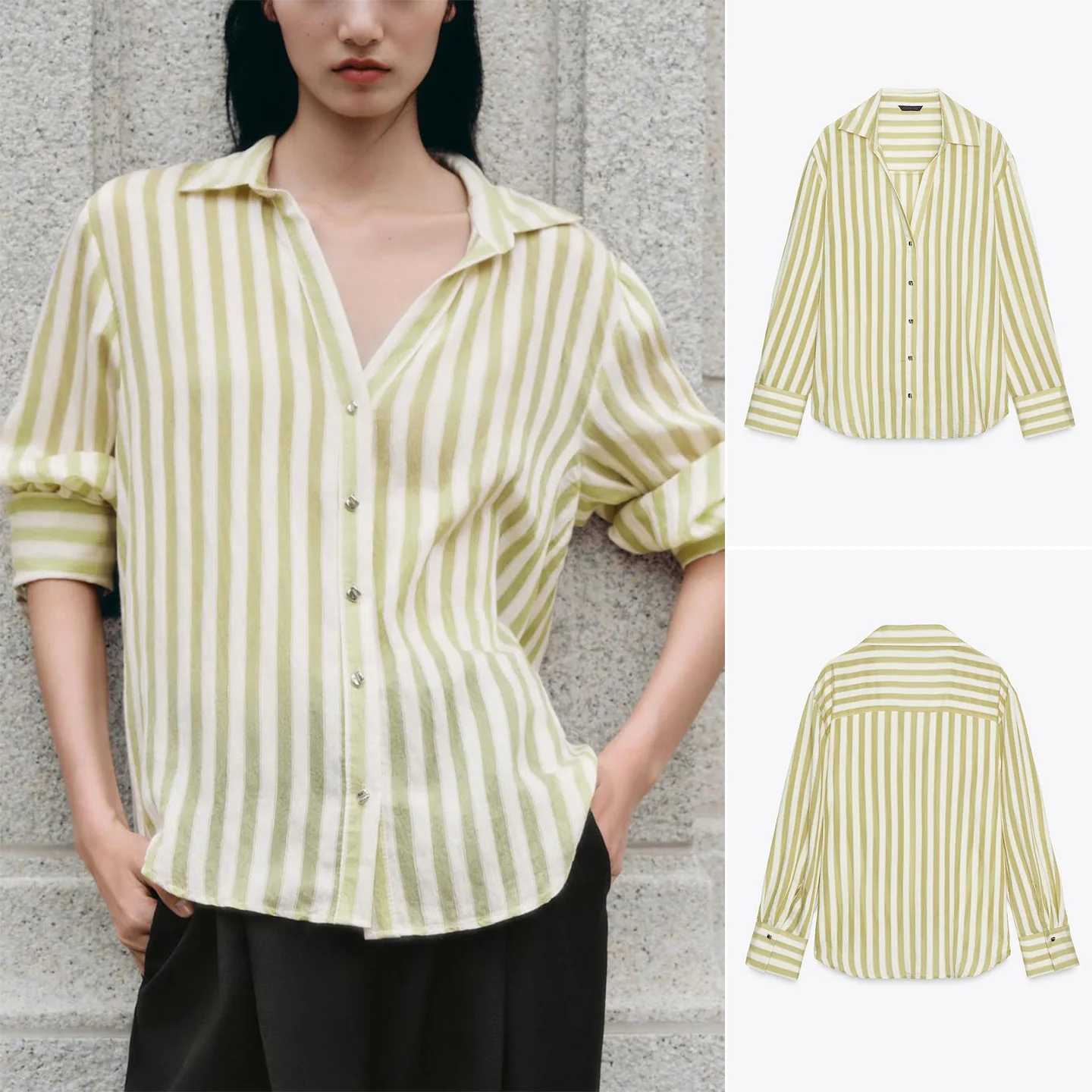

Ele Metal Button Trim Striped V-Ne Long Sve Women's irt Top Autumn New Arrival Breathable Cotton Polyester Blend